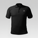 Front view of the 3 Strokes Essential Series Performance Polo Shirt in Black featuring a three-button placket and chest logo.