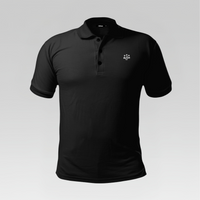 Front view of the 3 Strokes Essential Series Performance Polo Shirt in Black featuring a three-button placket and chest logo.
