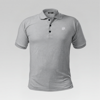 Front view of the 3 Strokes Essential Series Performance Polo Shirt in Grey featuring a three-button placket and chest logo.