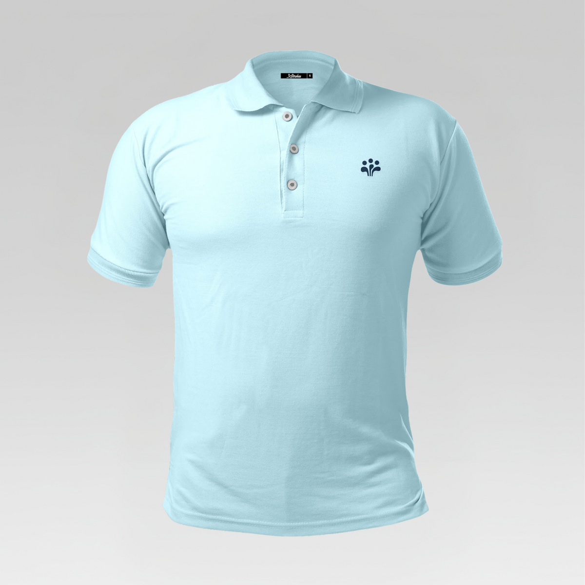Front view of the 3 Strokes Essential Series Performance Polo Shirt in Light Blue featuring a three-button placket and chest logo.
