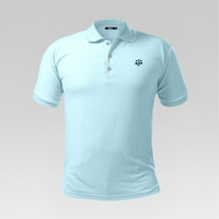 Front view of the 3 Strokes Essential Series Performance Polo Shirt in Light Blue featuring a three-button placket and chest logo.