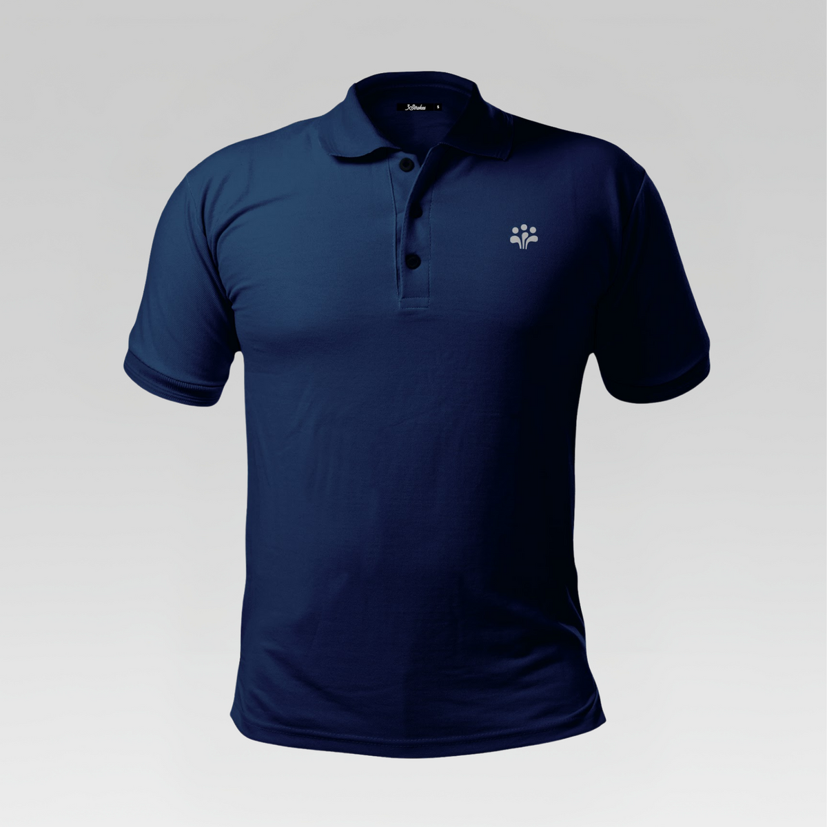 Front view of the 3 Strokes Essential Series Performance Polo Shirt in Navy Blue featuring a three-button placket and chest logo.