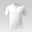 Front view of the 3 Strokes Essential Series Performance Polo Shirt in White featuring a three-button placket and chest logo.