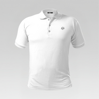 Front view of the 3 Strokes Essential Series Performance Polo Shirt in White featuring a three-button placket and chest logo.