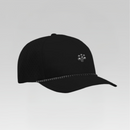 Front view of the 3 Strokes Metallic Logo Cap in Black featuring a metallic front logo emblem and laser-cut perforated ventilation panels.