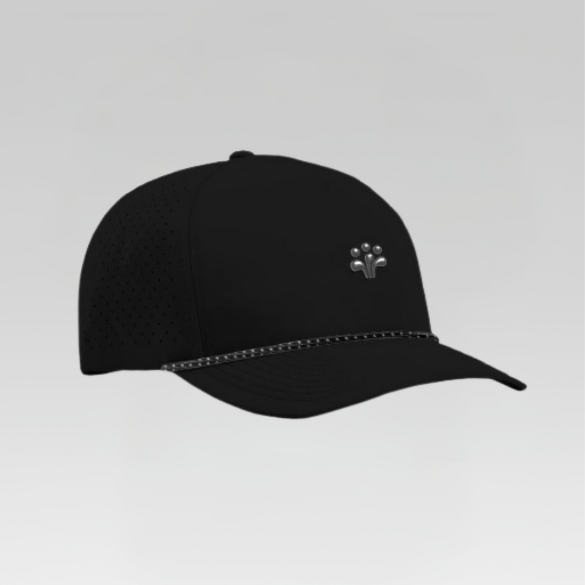 Front view of the 3 Strokes Metallic Logo Cap in Black featuring a metallic front logo emblem and laser-cut perforated ventilation panels.