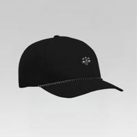 Front view of the 3 Strokes Metallic Logo Cap in Black featuring a metallic front logo emblem and laser-cut perforated ventilation panels.