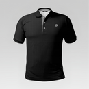 Black polo shirt with a small logo on a light gray background