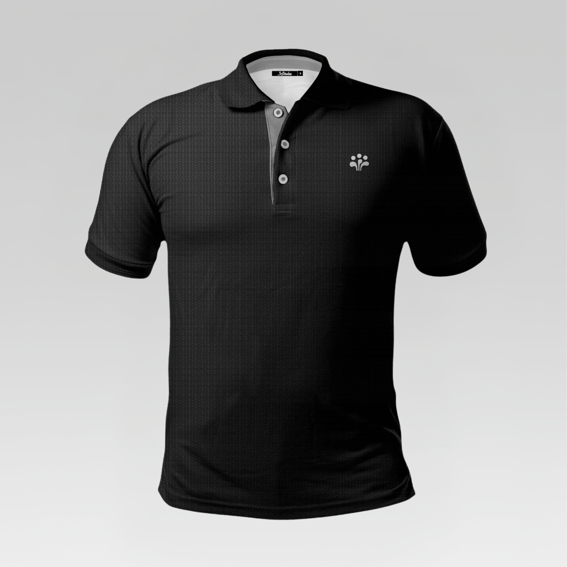 Black polo shirt with a small logo on a light gray background