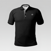 Black polo shirt with a small logo on a light gray background