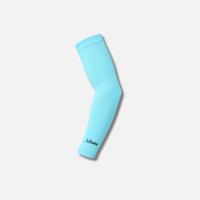 A light blue arm sleeve with a black script logo near the cuff, displayed on a clean, light gray background.