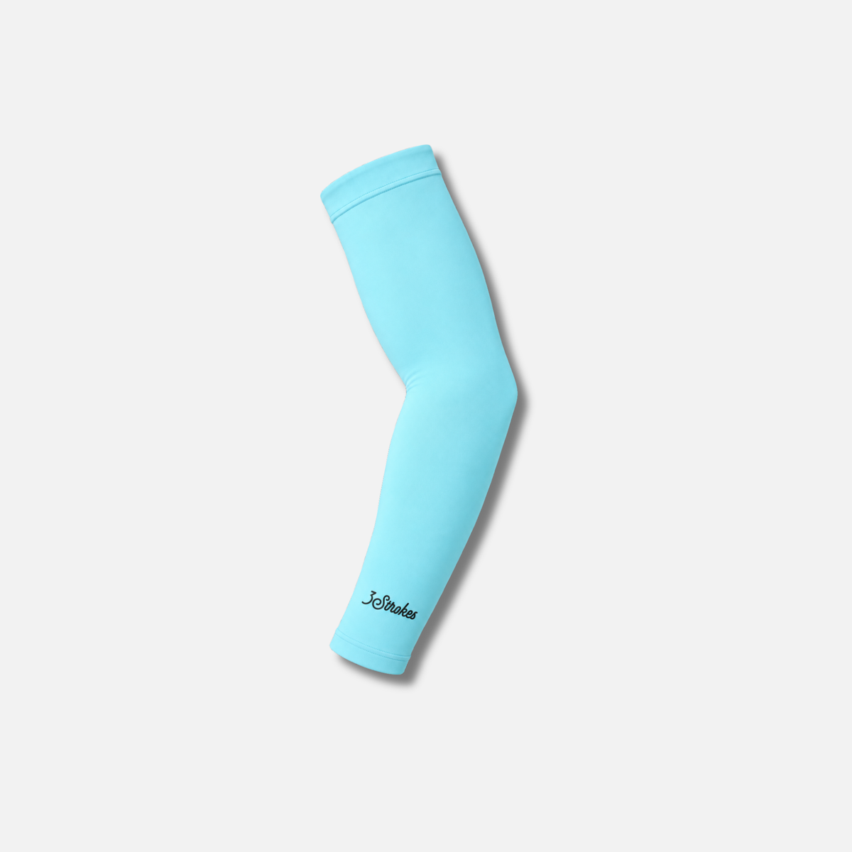 A light blue arm sleeve with a black script logo near the cuff, displayed on a clean, light gray background.