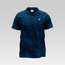 Dark blue cow patterned shirt with a 3 Strokes logo on a gray background