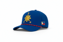 Blue cap with yellow sun design and small flag on a white background
