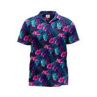 A multicolored floral-patterned polo shirt on a white background.