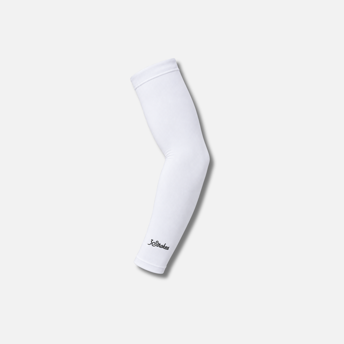 A white athletic elbow sleeve with a black logo near the cuff, displayed on a light gray background.