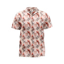 A pink shirt with a floral pattern featuring parrots and other tropical birds.