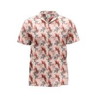 A pink shirt with a floral pattern featuring parrots and other tropical birds.