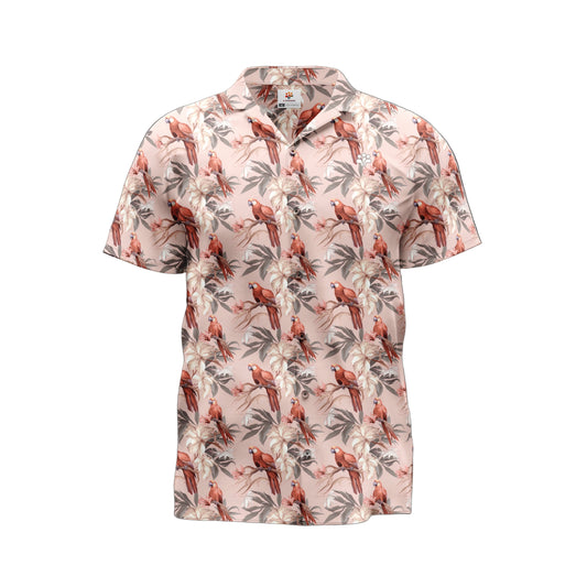 A pink shirt with a floral pattern featuring parrots and other tropical birds.