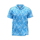 A sky blue shirt with a geometric camouflage pattern, featuring a collar and short sleeves.