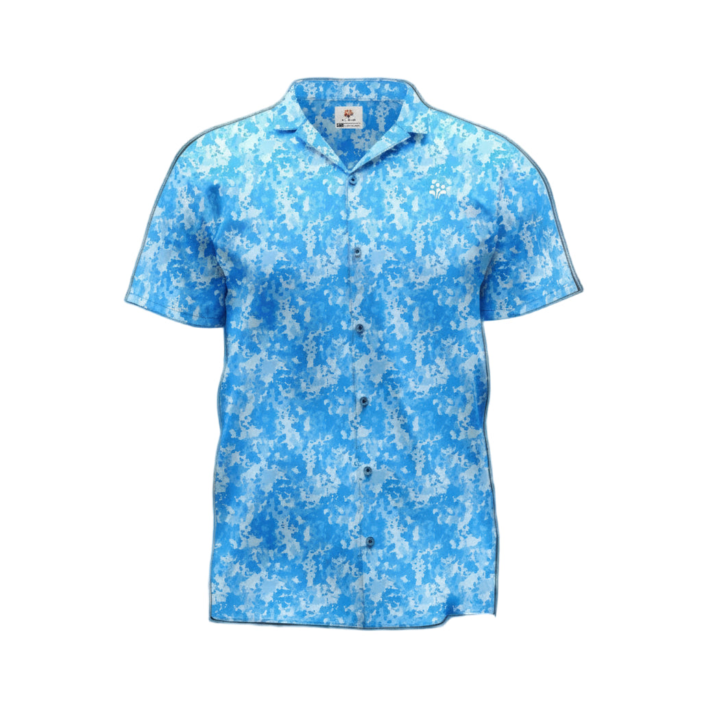A sky blue shirt with a geometric camouflage pattern, featuring a collar and short sleeves.