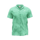 A green floral patterned shirt with short sleeves and a collar.