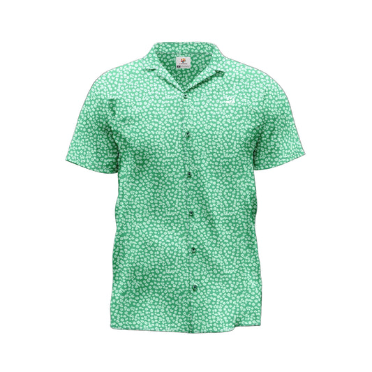 A green floral patterned shirt with short sleeves and a collar.