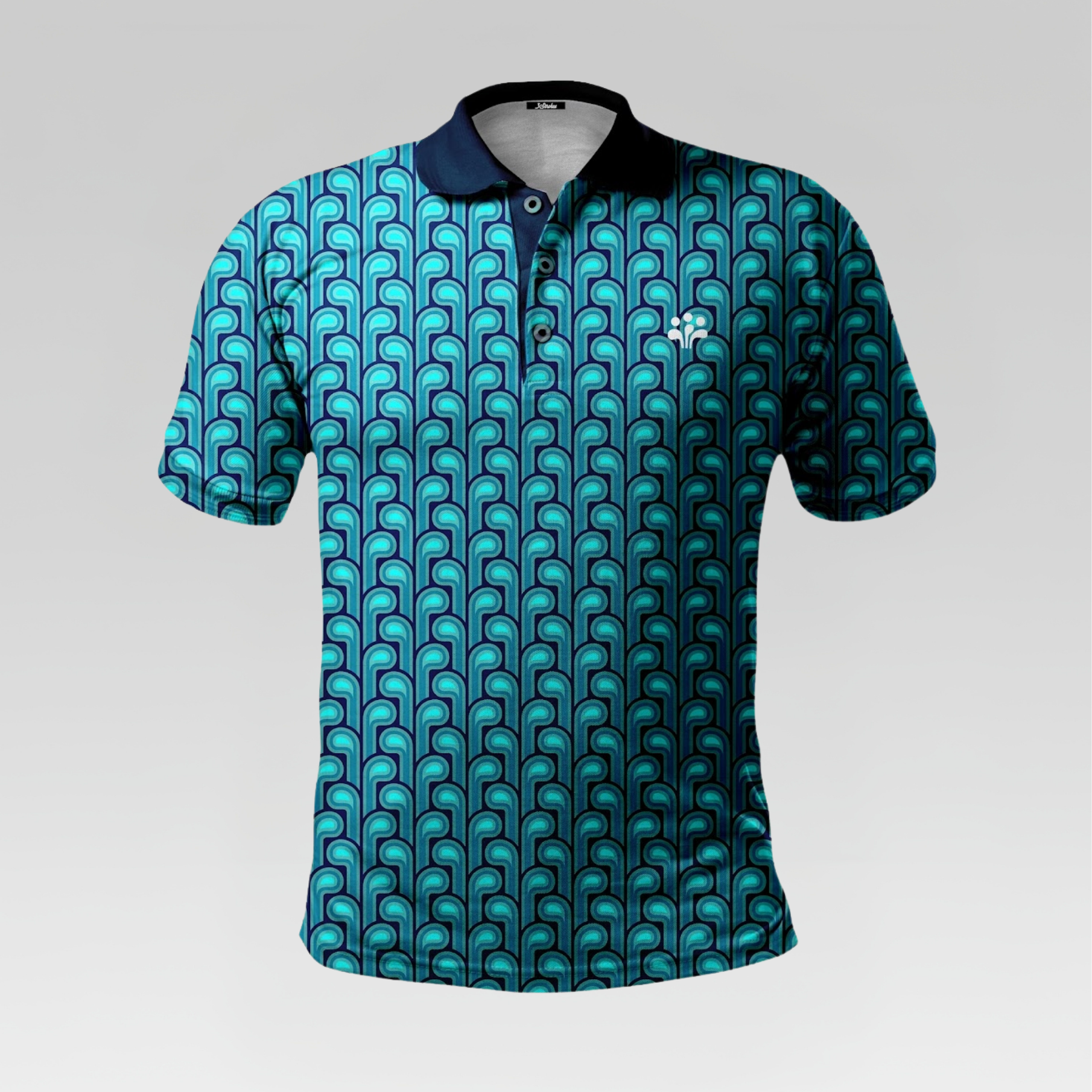 Teal and navy patterned polo shirt on a light gray background