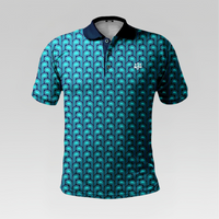 Teal and navy patterned polo shirt on a light gray background