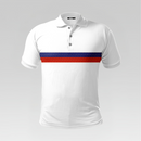 White polo shirt with a red and blue striped pattern on a gray background