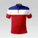 Colorful polo shirt with red, white, and blue design on a gray background
