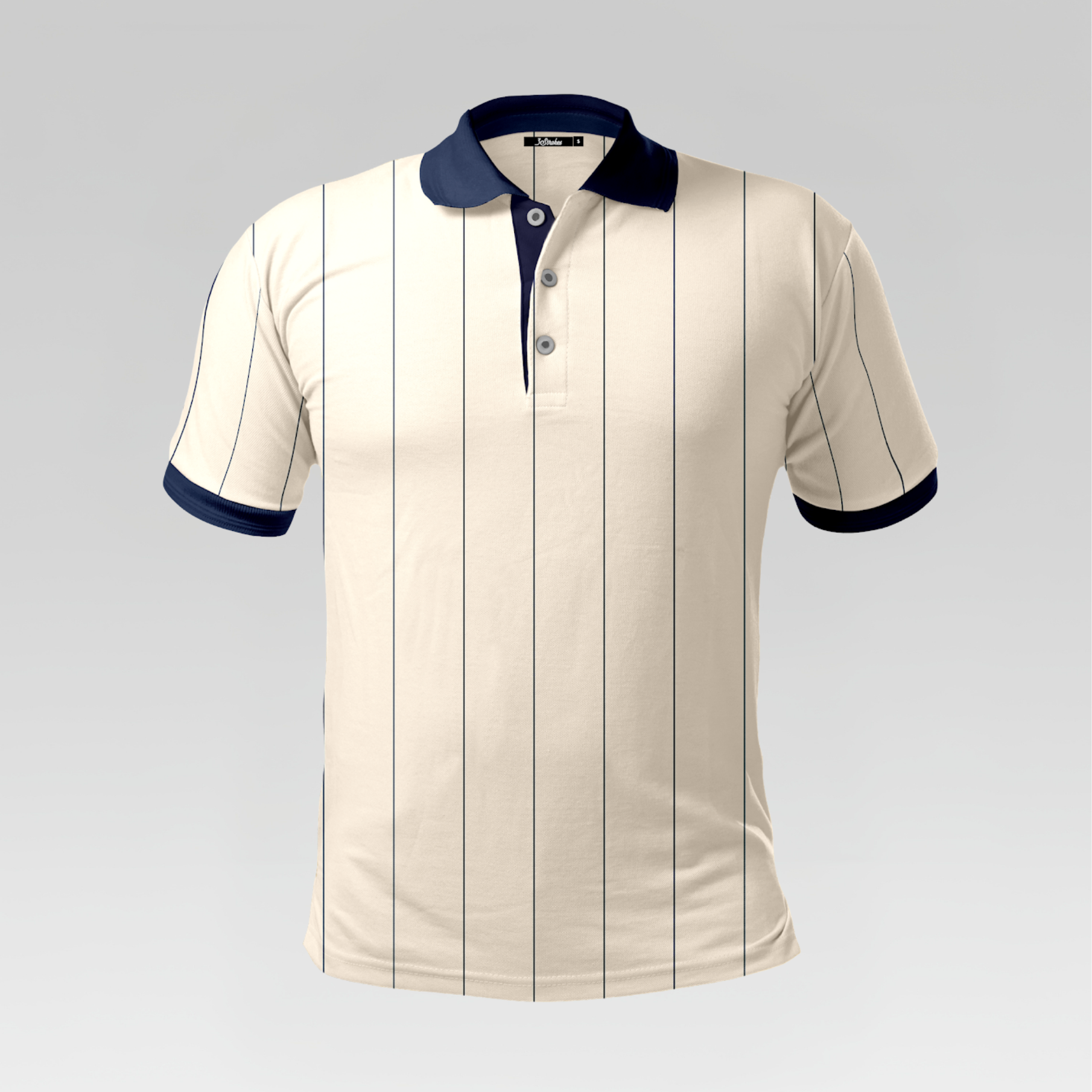 Beige polo shirt with navy accents on a light gray background
