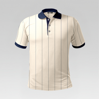 Beige polo shirt with navy accents on a light gray background