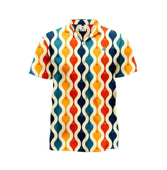 A short-sleeved button-up shirt with a multicolored geometric pattern.