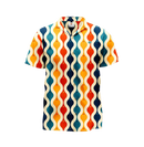 A short-sleeved button-up shirt with a multicolored geometric pattern.