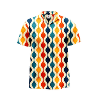 A short-sleeved button-up shirt with a multicolored geometric pattern.