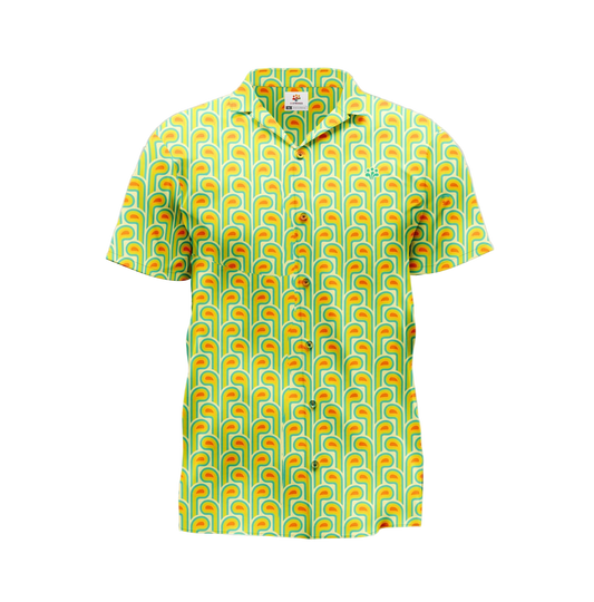 A yellow polo shirt with geometric pattern.