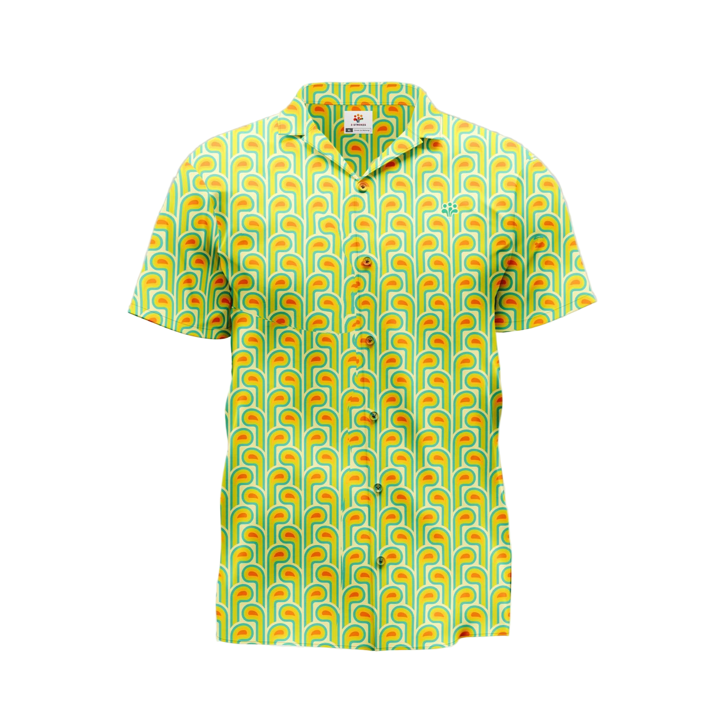 A yellow polo shirt with geometric pattern.