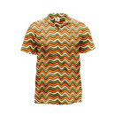 A short-sleeved, patterned t-shirt with a zigzag design in shades of orange, brown, and green.