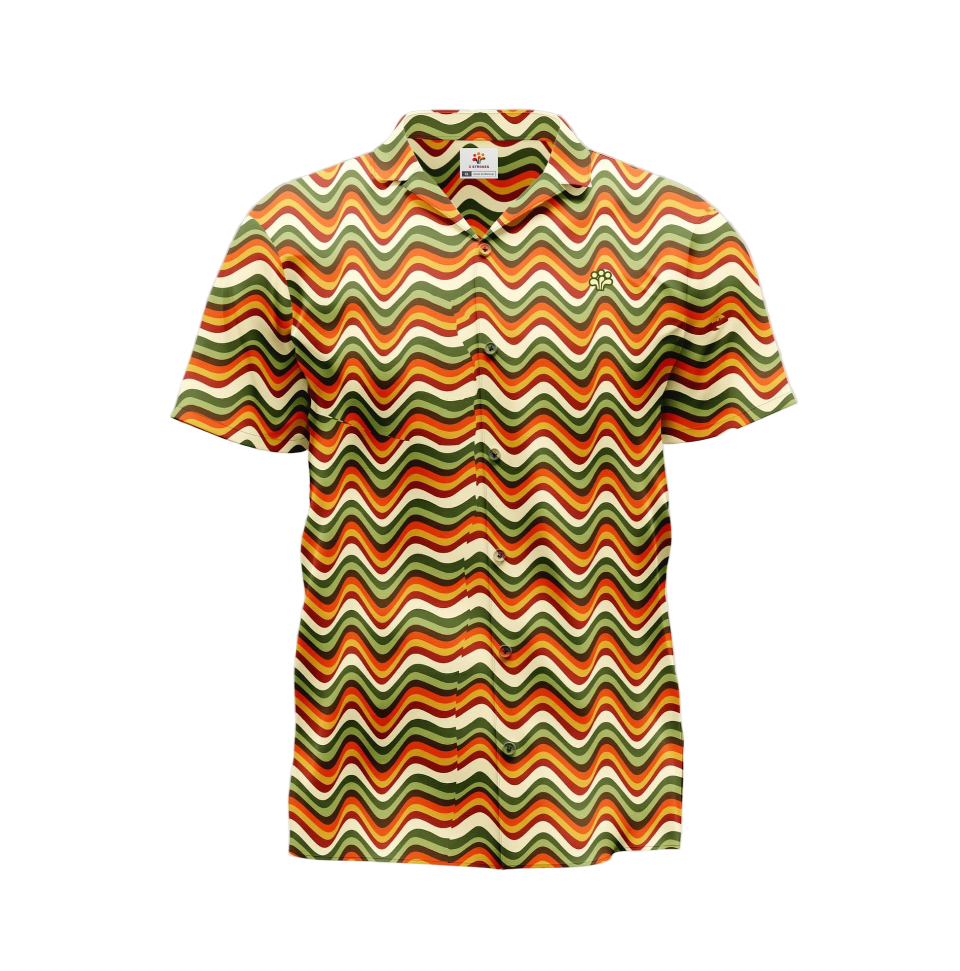 A short-sleeved, patterned t-shirt with a zigzag design in shades of orange, brown, and green.