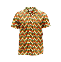 A short-sleeved, patterned t-shirt with a zigzag design in shades of orange, brown, and green.