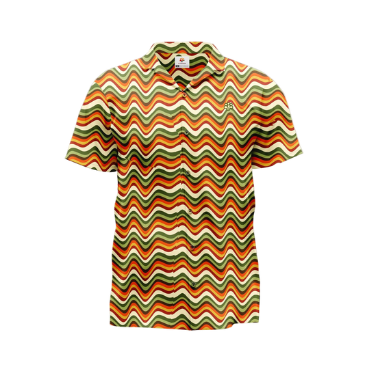 A short-sleeved, patterned t-shirt with a zigzag design in shades of orange, brown, and green.
