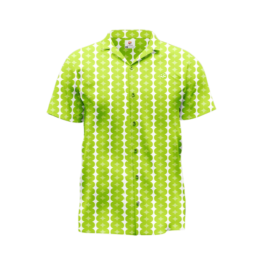 A green and white checkered shirt with short sleeves and a collar.