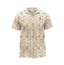 A short-sleeved button-up shirt with a multicolored geometric pattern.