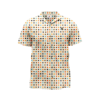 A short-sleeved button-up shirt with a multicolored geometric pattern.