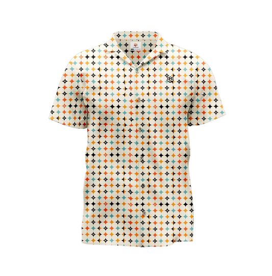 A short-sleeved button-up shirt with a multicolored geometric pattern.