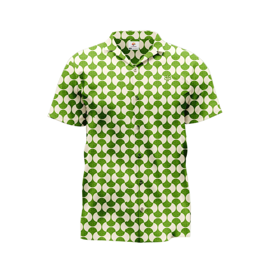 A short-sleeved shirt with a geometric pattern featuring green and beige colors.