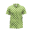 A short-sleeved shirt with a geometric pattern featuring green and beige colors.