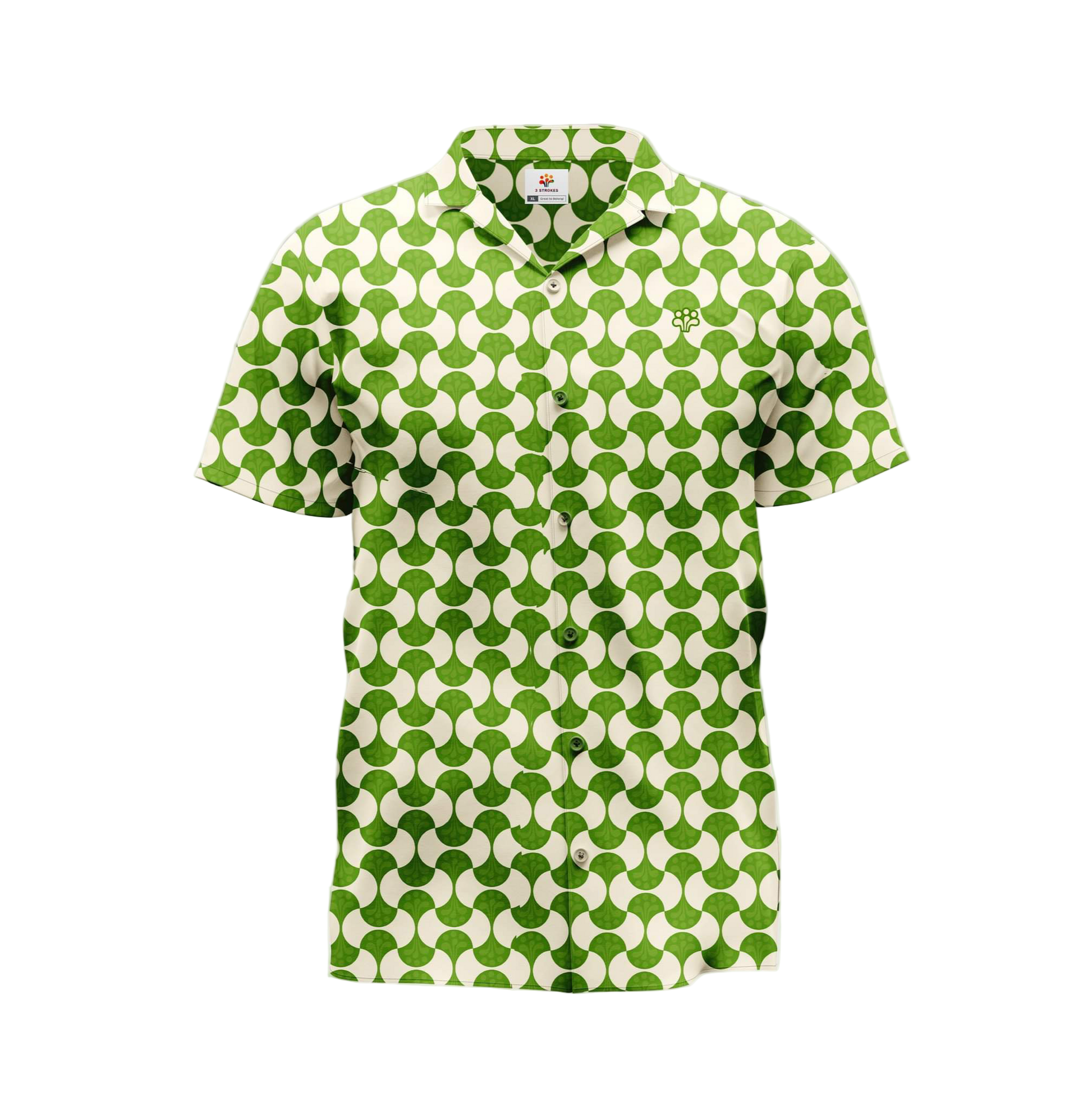 A short-sleeved shirt with a geometric pattern featuring green and beige colors.