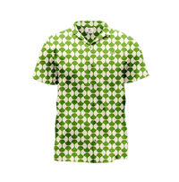 A short-sleeved shirt with a geometric pattern featuring green and beige colors.